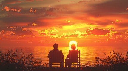 Obraz premium Silhouette of Couple Sitting At the Beach At Sunset