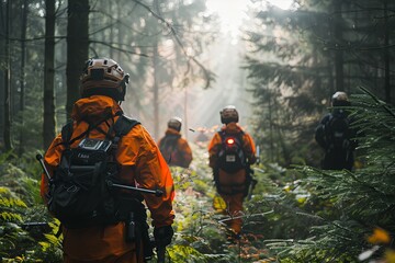 Fototapeta premium Search and rescue team members in orange gear traverse a dense forest, equipped with backpacks and search tools. Generative AI