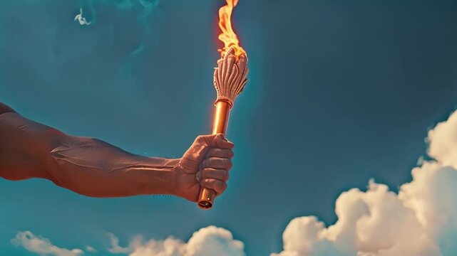 Athlete holding Olympic torch in blue sky Olympics golden torch with fire flame moving. Athlete holding Olympic fire. Sport Flames in blue sky 4k video