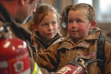 A firefighter teaches young children about fire safety while holding a red fire extinguisher. Generative AI