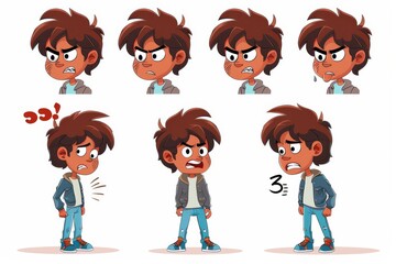 A Cartoon Boy Expressing Various Angry Emotions