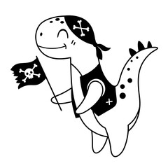 Naklejka premium Black and white pirate clipart. Pirate dinosaur clipart. Dinosaur in cartoon flat style. Hand drawn vector illustration.