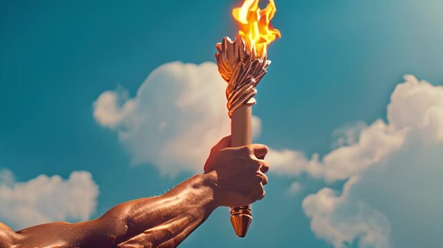 Athlete holding Olympic torch in blue sky Olympics golden torch with fire flame moving. Athlete holding Olympic fire. Sport Flames in blue sky 4k video