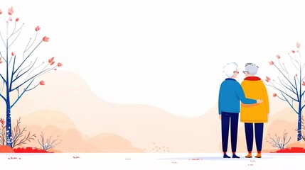 Elderly couple embracing in autumn landscape, back view