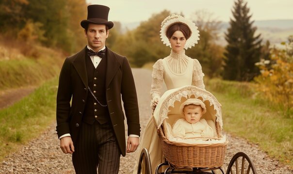 AI generated illustration of a Victorian-era family with a baby in a vintage stroller