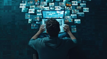 Overwhelmed Individual Juggling Multiple Social Media Tabs on Laptop, Digital Overload and Tech Addiction Concept