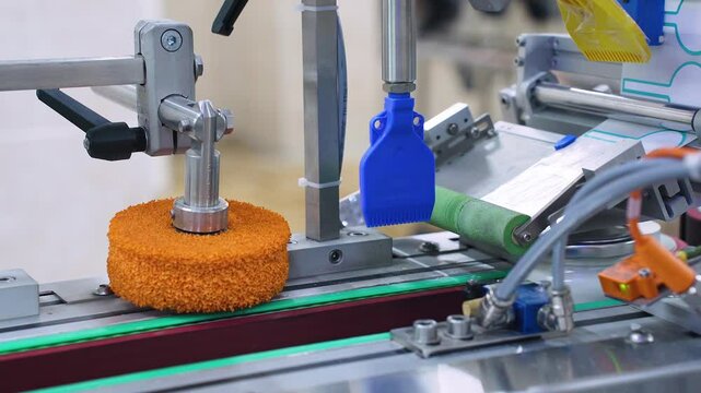 Automatic line for gluing labels on cans of dairy products at a dairy factory. Automated conveyor, equipment at a dairy plant. Sticking labels on jars of milk. Milk bottling, packaging. Food industry