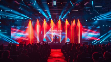 High-Profile Product Launch Event with Glamorous Stage Setup, Sleek Lighting, and Branding Elements