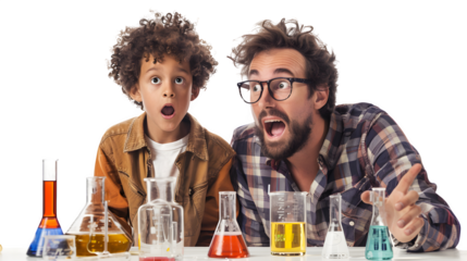 Science experiment excitement, enthusiastic students in laboratory, engaging educational activity, back to school STEM learning, png file, isolated on white