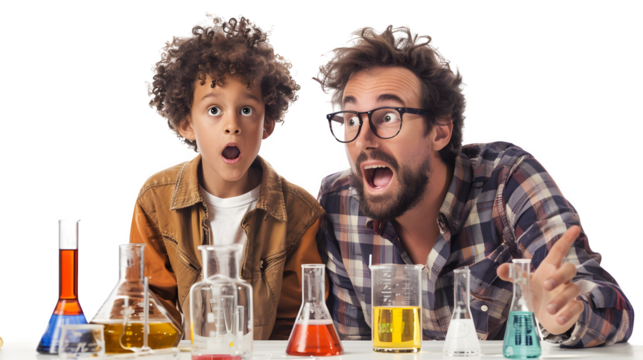 Science experiment excitement, enthusiastic students in laboratory, engaging educational activity, back to school STEM learning, png file, isolated on white