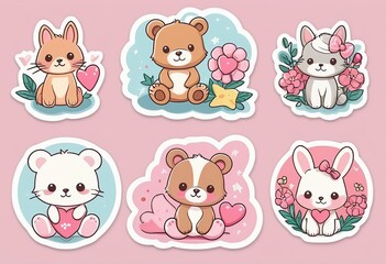Obraz premium Pastel Animal Stickers with White Borders | Modern Flat Style Vector Illustration