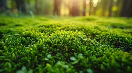 Beautiful green moss on the ground, moss closeup, macro. Beautiful background of moss for wallpaper.