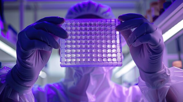 Researcher holding a 96 well plate for analysis