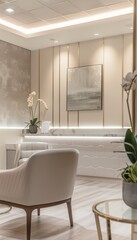 Fototapeta premium Modern Botox Clinic Reception Area with Elegant Furniture and Friendly Staff for a Welcoming Atmosphere