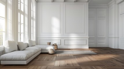 Fototapeta premium Room with white walls and wooden flooring