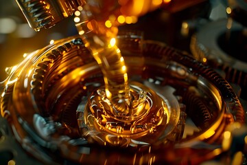 Close up of car oil being poured over a machine on the inside, with gears and steel in it, swirling liquid in the style of Mique