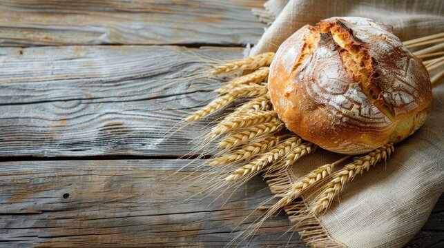 Rustic bread and wheat on aged wooden table