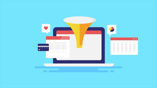 Sales funnel strategy, web content engagement, tracking leads, data graph and digital conversion process e-business technology video animation.