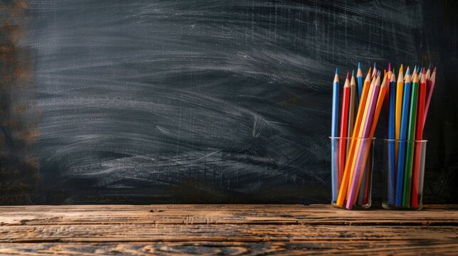 School desk with pencils on wood facing blackboard Auditorium education concept