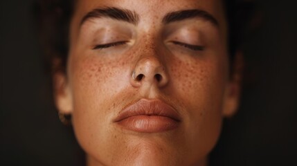 Obraz premium Close-up portrait of a woman's face with freckles and closed eyes.
