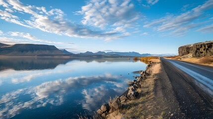 Diminishing perspective of asphalt empty roadway with road markings passing through scenic lake against sky in iceland. 