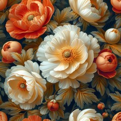 Floral Tapestry with White and Orange Blooms