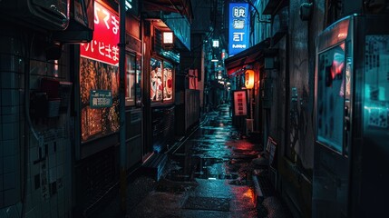 Fototapeta premium A dark alleyway with holographic advertisements