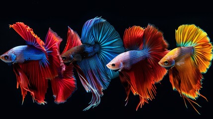 Fototapeta premium Halfmoon fighting fish, crowntail fish, halfmoon fish, dumbo fish, HM and veil fish from Thailand. In different colors and styles, Siamese fighting fish