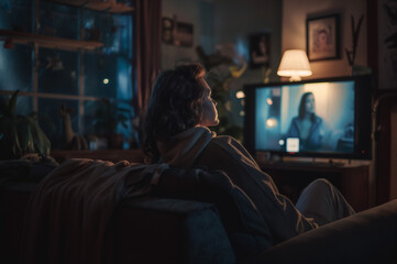 暗闇でくつろいでテレビを見る女性