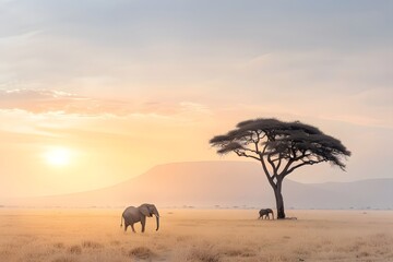 Fototapeta premium Majestic elephants grazing by an acacia tree at sunrise on the African savannah.