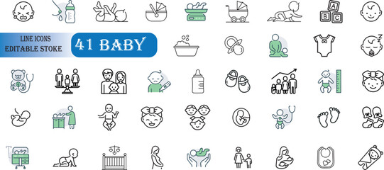 Set of 41 outline icons related to kids.