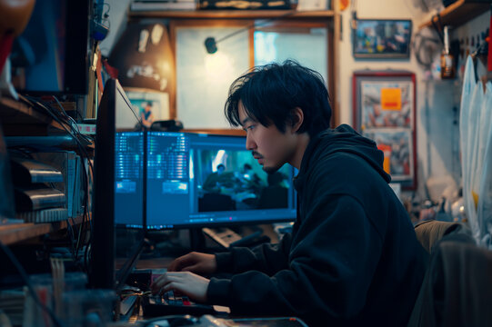 動画編集を行う日本人男性編集者