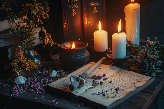 Wiccan witch altar prepared for casting a spell with an open Book of Shadows and pestle and mortar. Old spell books, crystals, burning lit candles, dried flowers in dark night background