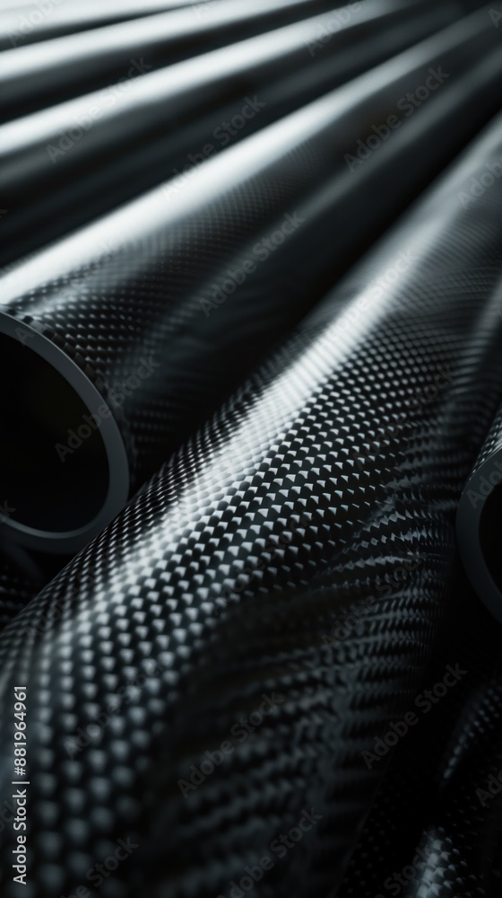 Poster Close-up view of black pipes with unique dot patterns arranged diagonally. Various sizes and shapes add texture to smooth surfaces. Blurred background focuses on intriguing objects. Carbon fiber