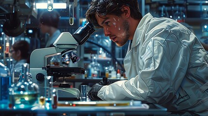 scientist looking through a microscope in a laboratory
