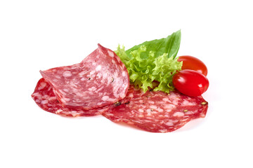 Salami smoked sausage, Traditional dry-cured Milano salami, isolated on white background. High resolution image.