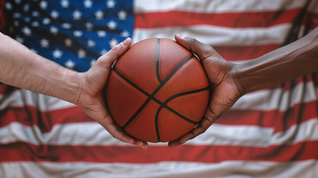 Hands of Two People Holding Basketball Together with American Flag Background