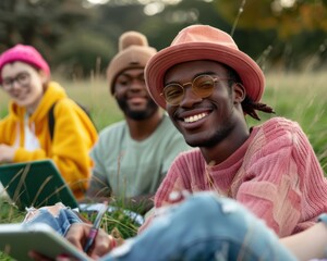 20. A group of friends studying together in a park, enjoying the process of learning in a relaxed environment