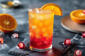 A tequila sunrise cocktail in a tall glass, with grenadine creating a gradient effect, topped with an orange slice.
