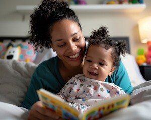 14. A parent reading a bedtime story to a child, highlighting early childhood education and the importance of storytelling in knowledge sharing