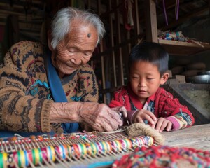 9. An elderly person teaching traditional crafts to a younger generation, representing the transfer of cultural knowledge