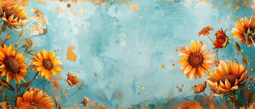 old vintage grunge wide paper journal with empty space in the middle and watercolor blooming sunflower flowers with leaf border frame