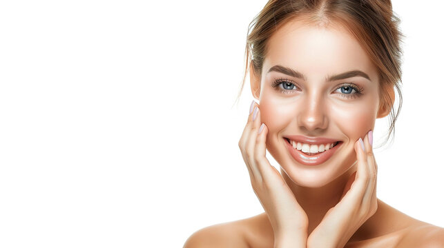 A young woman smiles and touches her face.