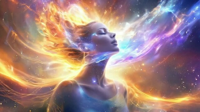 woman spirit on galaxy space background, colorful energy flow, 4k new quality colorful stock video footage wallpaper AI