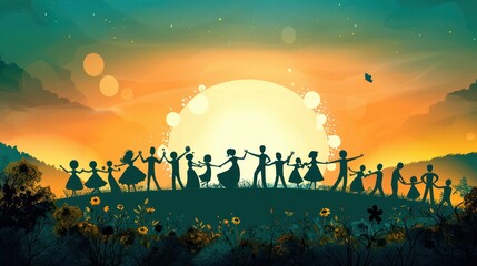 Silhouette of wedding celebration in the sunset