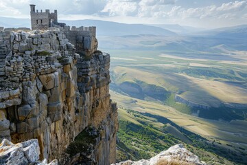Naklejka premium Ancient stone castle atop a rugged cliff, overlooking a vast valley, representing the enduring strength and majesty of a mountain kingdom 
