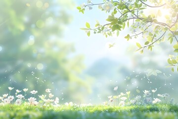 Sunlit spring meadow with blooming flowers and fresh green leaves under a bright blue sky.