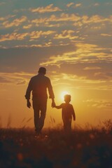 Fototapeta premium Man and child in a field at sunset