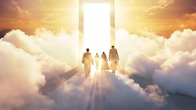 church concept: worship and praise. Heavenly spirit. Human walking on clouds to gate of heaven. Angel in sky clouds. Hope and believe concept of god. 4k video