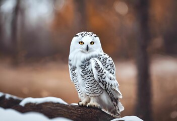 AI generated illustration of a snowy owl perched on a snow-covered branch in a forest